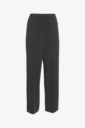 Schwarze, weit geschnittene Hosen aus einem glatten Stoff. Mit einem elastischen Bund und vorderen Falten. Gerade Passform mit einem klaren Design.