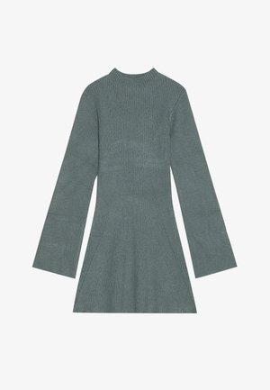 Ribišķis, garām piedurknēm, kleita muted teal krāsā ar imitētu apkakli. Iezīmē leņķainas šuves un izplestu apakšmalu. Mīksta, tekstaura auduma.