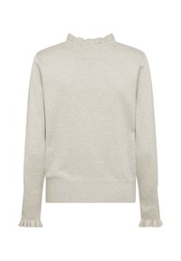 Light gray sweater with a ruffled collar and cuffs, long sleeves, and a fitted bottom. Made from soft, textured fabric.