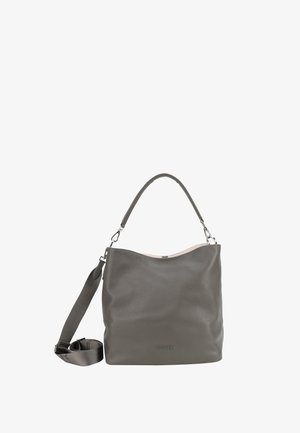 Grå læder skuldertaske med en glat overflade, der har en aftagelig strop og et subtilt logo. Silhuetten er blød og rund.