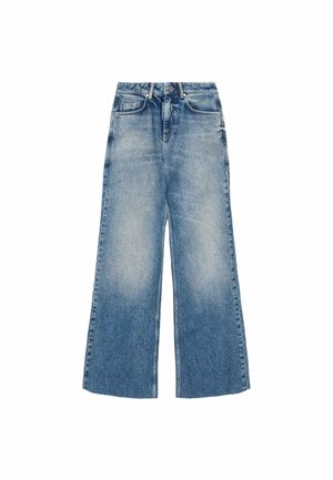 Jeans mit weitem Bein aus hellblauem Denim, mit hoher Taille, zwei Fronttaschen und einem verwaschenen Look mit glatter Textur und sichtbaren Nähten.