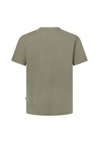 T-shirt in cotone verde oliva, colletto tondo, maniche corte, design semplice senza motivi o accenti visibili. Texture morbida, orlo dritto.