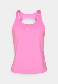 Lyserød sporty tank top med rund halsudskæring og udskåret ryg. Har et hvidt Nike-logo på fronten og en glat, strækbar stof.