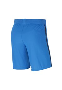 Pantalones cortos deportivos azules con un diseño de color sólido, que cuentan con una cinturilla texturizada y rayas laterales negras. Hechos de material ligero y transpirable.