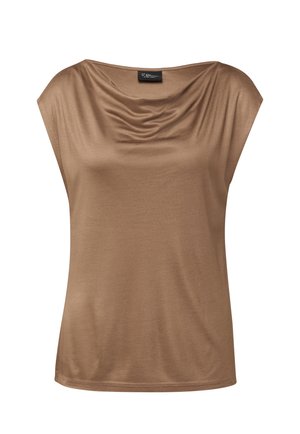 Brązowa bluzka bez rękawów z marszczonym dekoltem i luźnym krojem, z małą czarną metką marki na wewnętrznym kołnierzu.