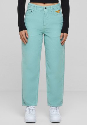 Lys teal cordfløyelsbukser med en avslappet passform, med knappelukking, fem lommer og et brodert logo foran.