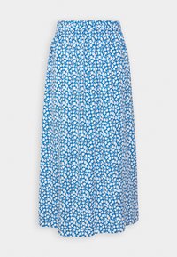 Modrá květinová sukně s bílým květinovým vzorem, elastickým páskem, volným střihem a délkou ke kolenům. Lehká tkanina s nařaseným designem.