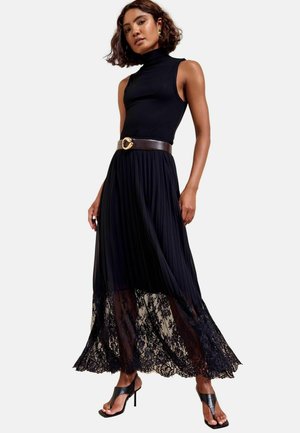 Friends Like These, PETITE FIT - LACE HEM PLEATED CHIFFON MIDI SKIRT - Maxinederdele - black