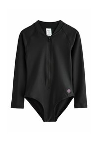 Costume da bagno lungo nero con maniche, dotato di una cerniera frontale e un collo alto. Presenta una texture liscia e una piccola etichetta con logo sull'anca.