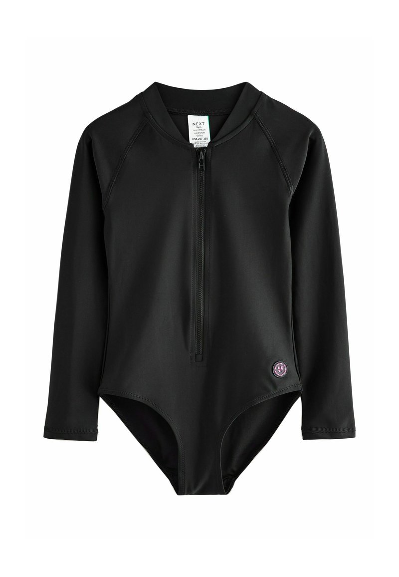 Costume da bagno lungo nero con maniche, dotato di una cerniera frontale e un collo alto. Presenta una texture liscia e una piccola etichetta con logo sull'anca.