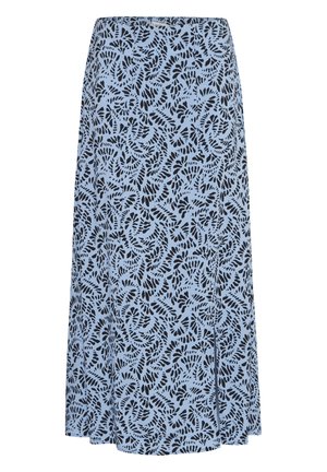 Maxi skirt in light blue fabric featuring a black leafy pattern, elastic waist, side slit, and a flowing design.