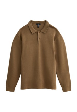 Brązowa koszulka polo z długim rękawem, wykonana z miękkiego materiału, z kołnierzykiem, trzema guzikami oraz ściągaczami na rękawach. Minimalistyczny design.