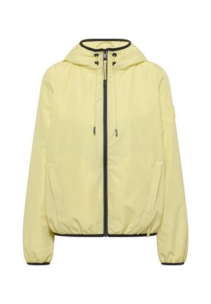 Veste à capuche jaune clair avec fermeture éclair noire, cordons de serrage réglables, poignets élastiques et poches avant.