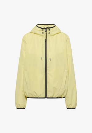 Veste à capuche jaune clair avec fermeture éclair noire, cordons de serrage réglables, poignets élastiques et poches avant.