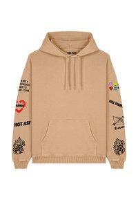 Felpa beige con tasca frontale, cappuccio con cordini e testo e grafiche stampate in nero sulle maniche, con faccine sorridenti e motivi di fiamme.