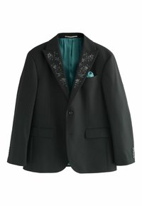 Schwarzer Blazer mit gestickten floralen Akzenten am Kragen, mit einem türkisfarbenen Innenfutter und einem passenden Einstecktuch in der Brusttasche.