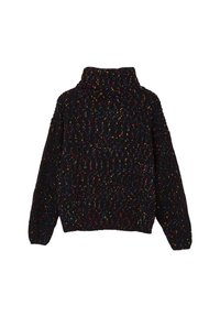 Maglione nero spesso con un collo alto, caratterizzato da sfumature colorate su tutto il tessuto a maglia texturizzata, e con polsini e orlo a costine.