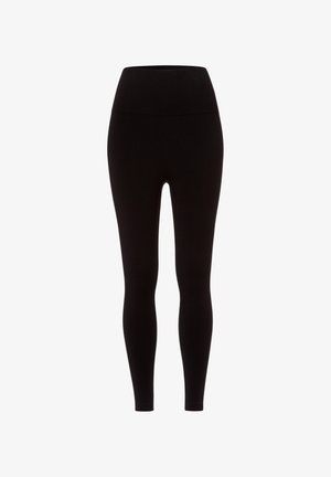 Schwarze Leggings aus einem dehnbaren Material, mit hohem Bund, glatter Textur und figurbetontem Design, ohne jegliche Muster oder Verzierungen.