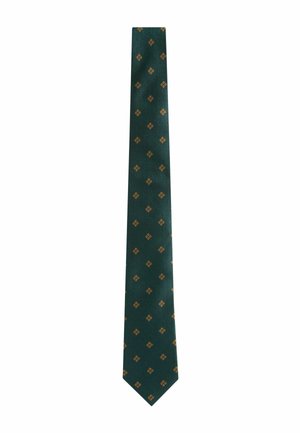 Grüne Seidenkrawatte mit einem subtilen Diamantmuster in Gold. Schmale Form und glatte Textur, schräger Tip, geeignet für formelle Kleidung.