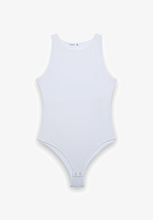 Body bianco senza maniche con collo alto e chiusura a scatto all'incavo, taglia small.