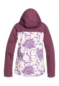 Lila jacka med huva och långa ärmar, med ett vitt blommönster med lila och orange blommor på bakpanelen.