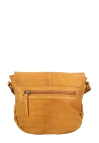 Kamelbraune Leder-Umhängetasche mit Klappverschluss, vorderer Reißverschlusstasche, verstellbarem Riemen und weicher, strukturierter Oberfläche.