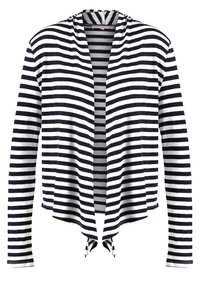 Cardigan de rayas horizontales en blanco y negro, abierto en el frente, con mangas largas y un dobladillo asimétrico y drapeado.