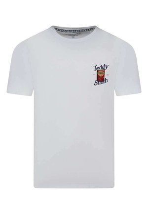 T-shirt blanc à manches courtes et col rond avec un petit graphique d'une boîte de tomates et le texte « Teddy Smith » sur le côté gauche de la poitrine.