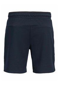 Shorts de sport bleu marine avec taille élastique et longueur mi-cuisse, vus de dos sur fond blanc.