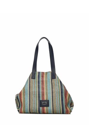 Sac fourre-tout avec des rayures verticales multicolores, deux poignées noires, et une étiquette noire portant l'inscription "V°73 Venezia" sur le devant.
