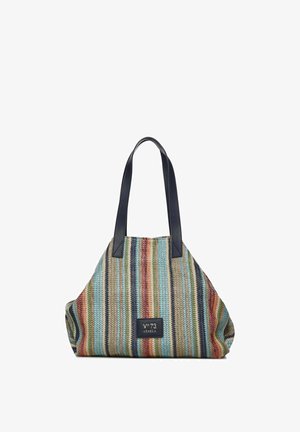 Bolsa tote con rayas verticales multicolores, dos asas negras y un parche negro en la parte frontal con la inscripción "V°73 Venezia".