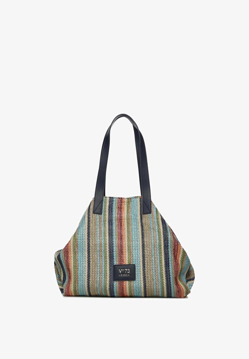Bolsa tote con rayas verticales multicolores, dos asas negras y un parche negro en la parte frontal con la inscripción "V°73 Venezia".
