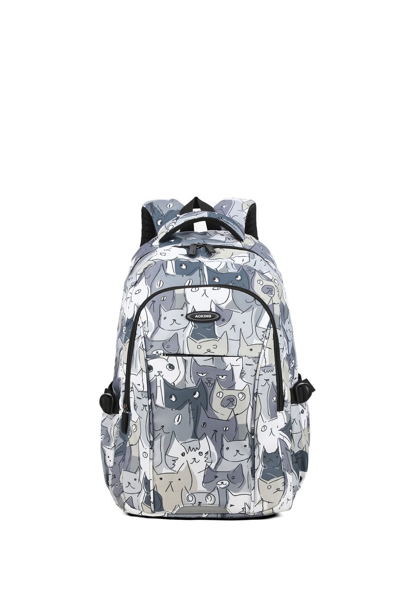 Zaino con motivo di gatti grigi e bianchi, realizzato in tessuto durevole, con spallacci regolabili e numerosi scomparti con zip.