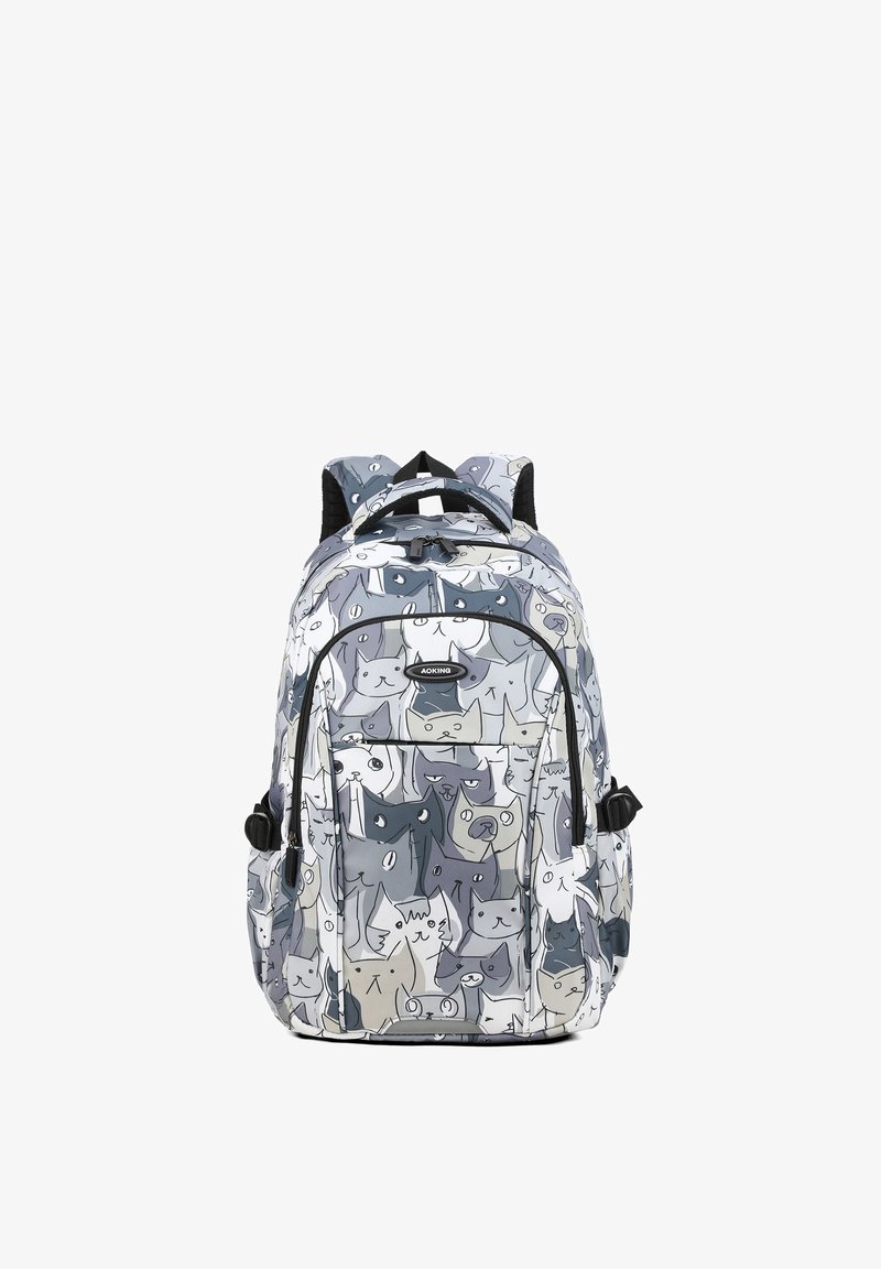 Zaino con motivo di gatti grigi e bianchi, realizzato in tessuto durevole, con spallacci regolabili e numerosi scomparti con zip.