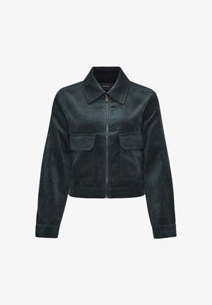 Giacca di corduroy verde scuro con chiusura frontale a zip, due tasche sul petto e colletto a punta. Presenta un design cropped e maniche lunghe.