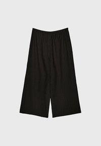 Zwarte broek met wijde pijpen en een elastische tailleband, gemaakt van een gestructureerde stof en met een losse pasvorm, tot halverwege de kuit lengte.