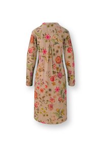 Beige lange mouw jurk met kleurrijke geborduurde bloemenpatronen op de achterkant en mouwen.