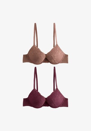 To blonde mønstrede bh'er med justerbare stropper, den ene i lyserød og den anden i mørk mauve, vist på en hvid baggrund.