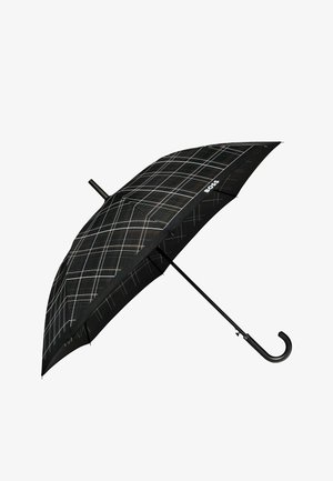 Black umbrella with white and gray crisscross lines, hooked handle, and "BOSS" logo on one panel.