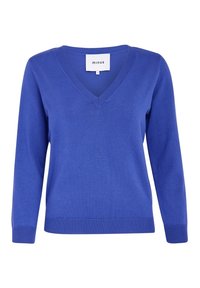 Pull bleu à manches longues avec col en V, poignets et ourlet côtelés, taille petite, marque "minus" sur une étiquette blanche.