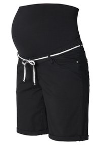 Těhotenské šortky z černé směsové bavlny s elastickým pasem a bílou tkaničkou, s ohrnutými manžetami a předními kapsami.