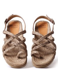 Sandales en corde tressée de couleur beige, avec une semelle texturée, des brides croisées et une sangle de cheville ajustable. Convient pour une tenue décontractée.