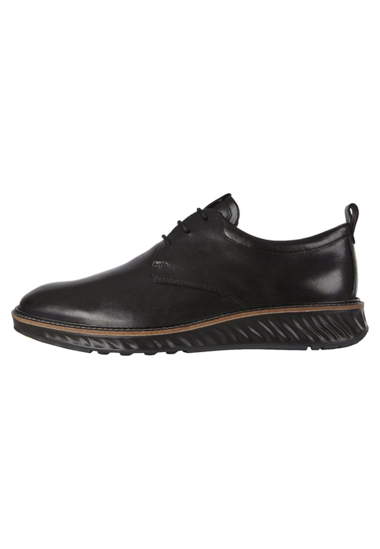 Scarpa in pelle nera con finitura liscia, cuciture a contrasto di colore marrone chiaro, punta arrotondata e suola in gomma nera texturizzata. Design con lacci.