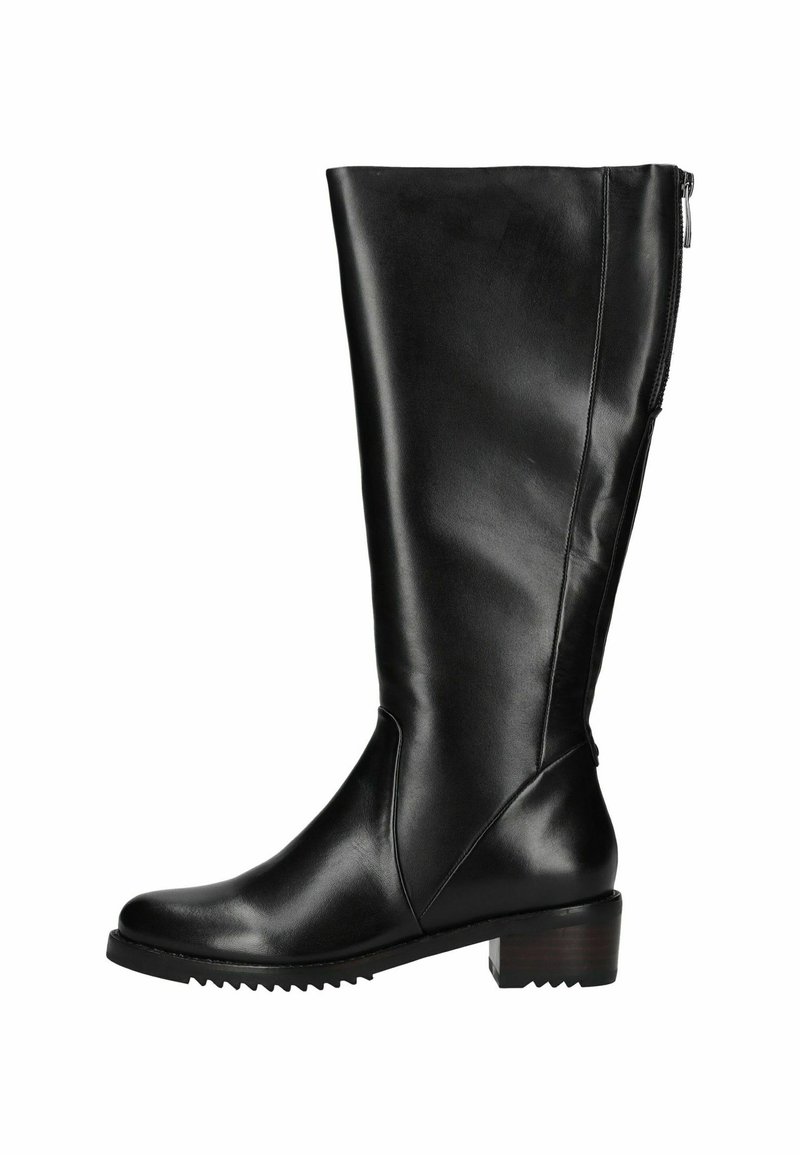 Bota negra hasta la rodilla de cuero suave con punta redonda, cremallera lateral y suela texturizada. Presenta un tacón de bloque para mayor estabilidad.