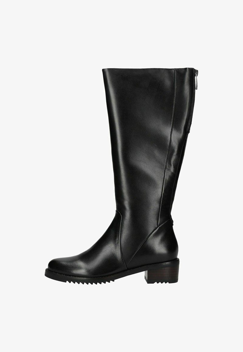 Bota negra hasta la rodilla de cuero suave con punta redonda, cremallera lateral y suela texturizada. Presenta un tacón de bloque para mayor estabilidad.