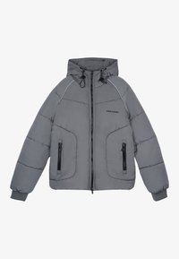 Giacca a piuma grigia con cappuccio, fronte con zip nera, tasche laterali con zip, polsini elasticizzati e logo "Pegador" sul petto.