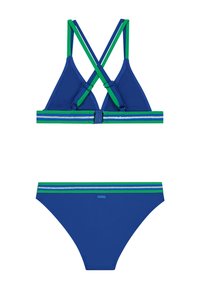 Kék bikini háromszög alakú felső résszel, keresztbe akasztott zöld pántokkal és hozzá illő alsó résszel. Zöld és ezüst csíkos derékszíjjal díszítve.
