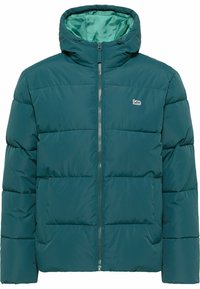 Turkusowa kurtka puchowa z kapturem, z przeszywanymi panelami, zamkiem błyskawicznym z przodu i kontrastową jasną zieloną podszewką. Małe logo na klatce piersiowej.