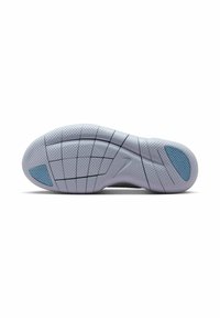 Podeszwa buta Nike z jasnofioletową gumową podstawą, rowkami w układzie siatki oraz niebieskim akcentem w pobliżu pięty. Teksturowana dla lepszej przyczepności.