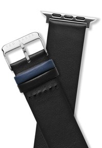 Black leather watch strap featuring a silver metal buckle with "Ted Baker" engraving and a blue leather accent band. Smooth texture and sleek design.